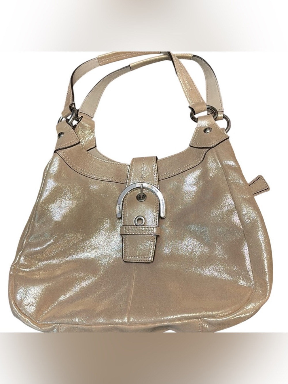 Coach Shimmery Beige Patent Leather Shoulder Bag with Buckle